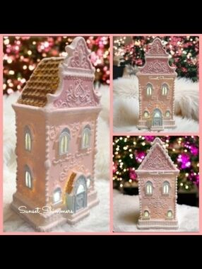 RAZ 13.5" PINK Glitter Icing Scrollwork LED Lighted Victorian Gingerbread House